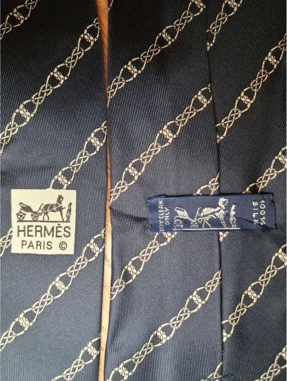 VINTAGE Hermes Silk Tie Navy Horse Chain Links Equestrian